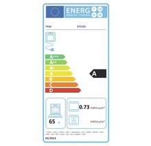 Európsky energetický štítok pre rúru PKM EHS3IX, energetická trieda A, spotreba energie 0,73 kilowatthodiny na cyklus, objem 65 litrov.