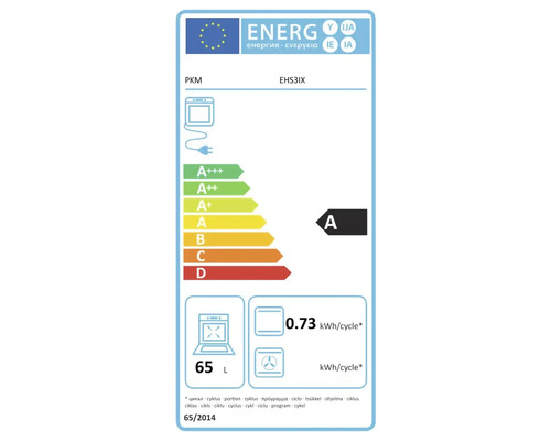 Európsky energetický štítok pre rúru PKM EHS3IX, energetická trieda A, spotreba energie 0,73 kilowatthodiny na cyklus, objem 65 litrov.