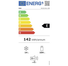 Energetický štítok PKM KS120.4A++EB. Trieda E. 142 kilowatthodín za rok. 14 litrov mraznička, 104 litrov chladnička, 39 decibelov, trieda hluku C.