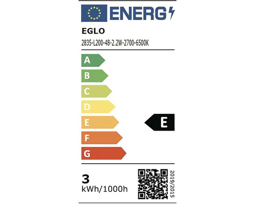 Európsky energetický štítok pre EGLO 2835-L200-48-2.2W-2700-6500K, trieda energetickej účinnosti E, spotreba 3 kilowatthodín na 1000 hodín.