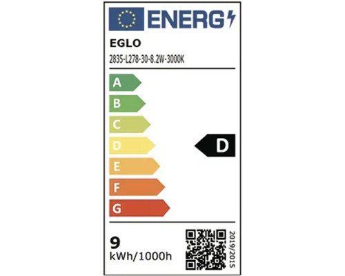 Európsky štítok energetickej účinnosti pre model EGLO 2835-L278-30-8.2W-3000K, energetická trieda D, 9 kilowatthodín na 1000 hodín.