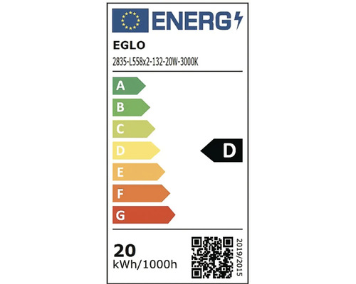 Energetický štítok Európskej únie pre svetelný zdroj Eglo, trieda energetickej účinnosti D, spotreba energie 20 kilowatthodín na 1000 hodín.