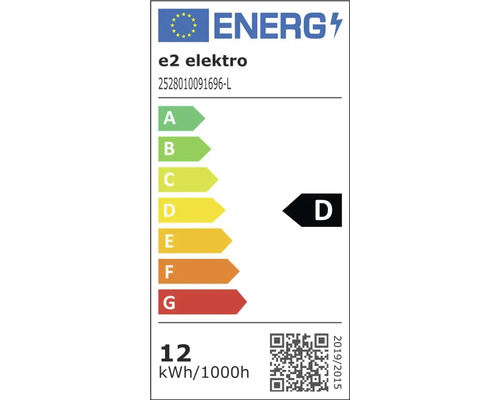 Európsky energetický štítok e2 elektro, trieda energetickej účinnosti D, spotreba energie 12 kilowatthodín na 1000 hodín.