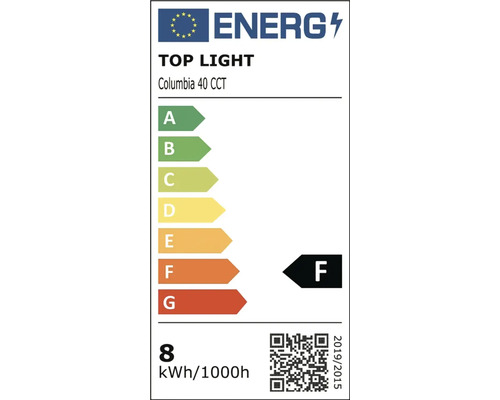 Energetický štítok EÚ pre TOP LIGHT Columbia 40 CCT, trieda energetickej účinnosti F, spotreba 8 kilowatthodín na 1000 hodín.