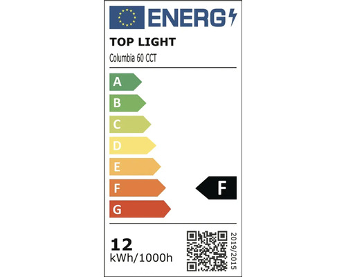 Energetický štítok pre Top Light Columbia 60 CCT, trieda F na stupnici od A do G, spotreba 12 kilowatthodín na 1000 hodín.