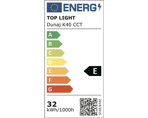 Energetický štítok pre Top Light Dunaj K40 CCT, trieda energetickej účinnosti E, spotreba energie 32 kilowatthodín na tisíc hodín.