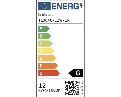 Energetický štítok EÚ pre Eurakles s.r.o. TL0040-12W/CR, energetická trieda G, 12 kWh na 1000 hodín.