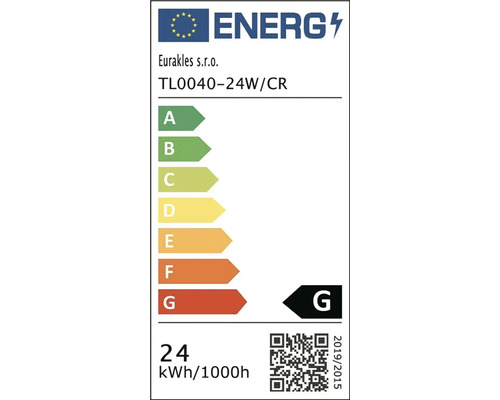 Energetický štítok EÚ pre Eurakles s.r.o. TL0040-24W/CR, trieda energetickej účinnosti G, 24 kilowatthodín na 1000 hodín.