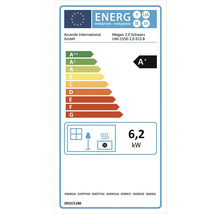Európsky energetický štítok pre krbové kachle Accente International Megan 2.0, energetická trieda A plus a tepelný výkon 6,2 kilowatt.