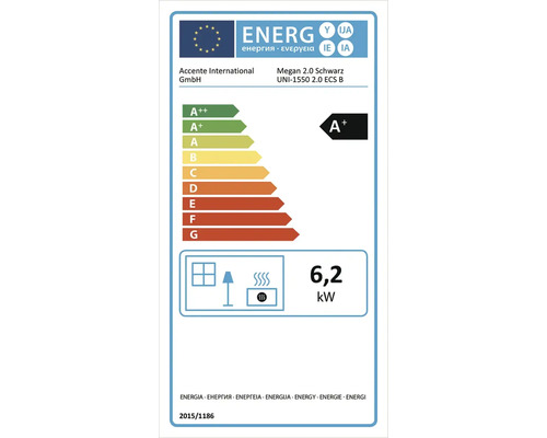 Európsky energetický štítok pre krbové kachle Accente International Megan 2.0, energetická trieda A plus a tepelný výkon 6,2 kilowatt.