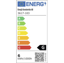 Európsky energetický štítok Gnosjö Konstsmide AB pre model 3617-103, energetická trieda G, 6 kilowatthodín na 1000 hodín.