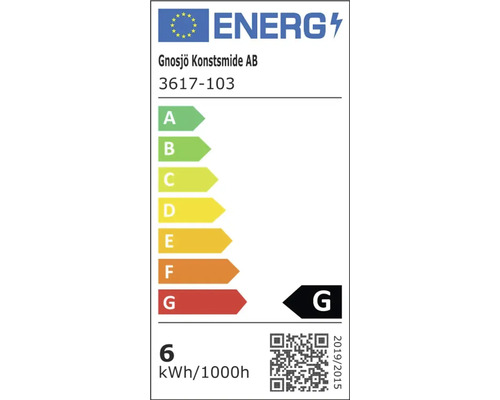 Európsky energetický štítok Gnosjö Konstsmide AB pre model 3617-103, energetická trieda G, 6 kilowatthodín na 1000 hodín.