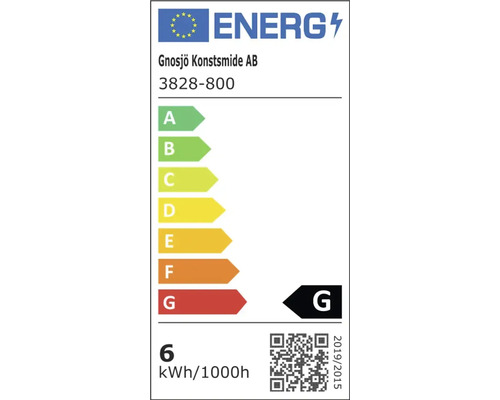 Európsky energetický štítok pre Gnosjö Konstsmide AB 3828-800, trieda energetickej účinnosti G, 6 kilowatthodín na 1000 hodín.