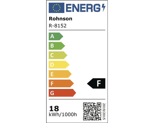 Energetický štítok EÚ pre Rohnson R-8152 s triedou energetickej účinnosti F a spotrebou energie 18 kilowatthodín na 1000 hodín.