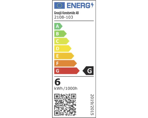 Energetický štítok EÚ pre Gnosjö Konstsmide AB 2108-103, trieda energetickej účinnosti G, spotreba 6 kilowatthodín na 1000 hodín.