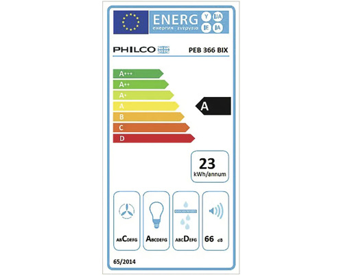 EU energetický štítok pre Philco PEB 366 BIX, energetická trieda A, 23 kilowatthodín za rok, 66 decibelov.