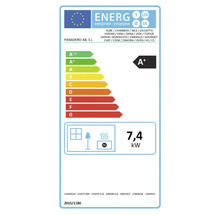 Energetický štítok EÚ pre kachle Panadero s triedou energetickej účinnosti A plus a výkonom 7,4 kilowattov.