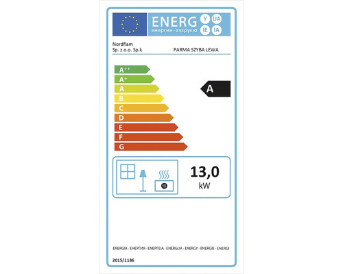 Energetický štítok EÚ pre Nordflam Parma Szyba Lewa, energetická trieda A, tepelný výkon 13,0 kilowattov.