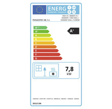 Energetický štítok EÚ pre kachle Panadero s energetickou triedou A plus a tepelným výkonom 7,8 kilowattov.