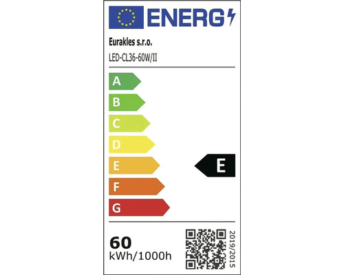 Energetický štítok Európskej únie pre Eurakles model LED-CL36-60W/II, trieda energetickej účinnosti E, 60 kilowatthodín na 1000 hodín.