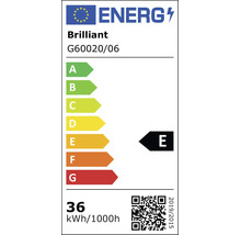 Energetický štítok EÚ Brilliant G60020/06, trieda energetickej účinnosti E na stupnici od A do G, 36 kilowatthodín na 1000 hodín.