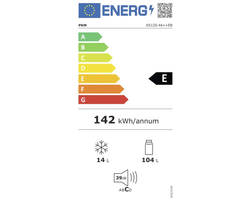 Energetický štítok pre chladničku PKM KS120.4A++EB: trieda E, 142 kilowatthodín za rok, 104 litrov chladenie, 14 litrov mrazenie, 39 decibelov.