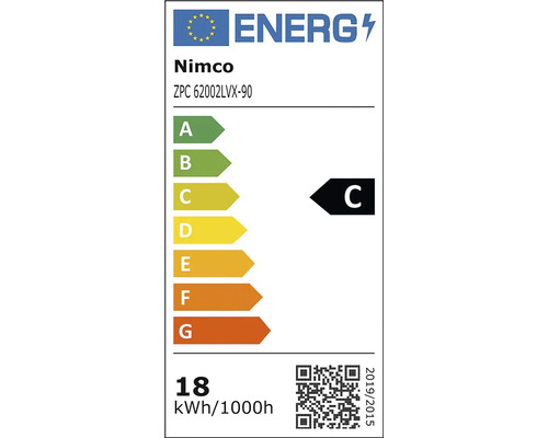 Energetický štítok Európskej únie pre Nimco ZPC 62002LVX-90, trieda energetickej účinnosti C, spotreba 18 kilowatthodín na 1000 hodín.