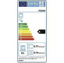 Energetický štítok EÚ pre rúru VT221GX, energetická trieda A, objem 61 litrov, spotreba 0,77 a 0,74 kilowatthodín na cyklus.