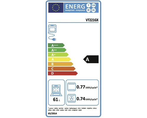 Energetický štítok EÚ pre rúru VT221GX, energetická trieda A, objem 61 litrov, spotreba 0,77 a 0,74 kilowatthodín na cyklus.