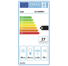 EU energetický štítok pre PKM odsávač pár S13-60BBPH s triedou energetickej účinnosti B, 27 kilowatthodín za rok a 65 decibelmi.