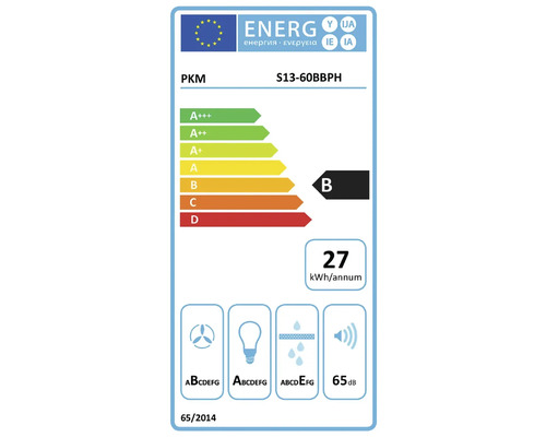EU energetický štítok pre PKM odsávač pár S13-60BBPH s triedou energetickej účinnosti B, 27 kilowatthodín za rok a 65 decibelmi.