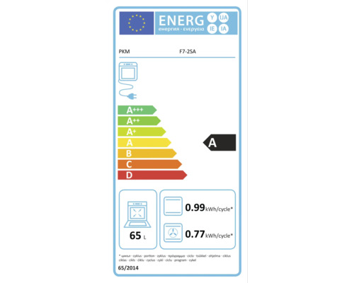 Energetický štítok rúra PKM F7-2SA. Trieda A, objem 65 litrov. Spotreba konvenčná 0,99 a teplovzdušná 0,77 Kilowatthodín na cyklus.