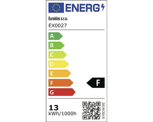 Energetický štítok triedy F pre Eurakles s.r.o. EX0027. Spotreba 13 kilowatthodín na 1000 hodín.