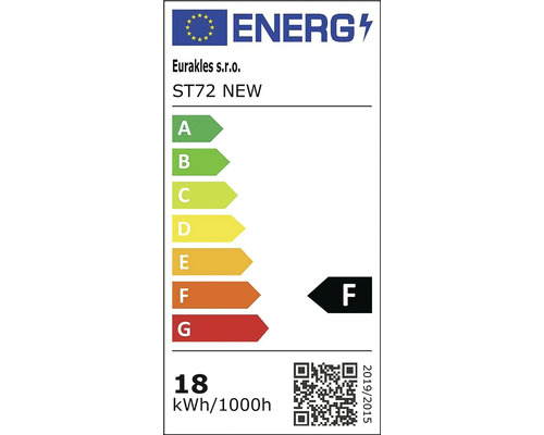 Energetický štítok EÚ pre Eurakles s.r.o. ST72 NEW. Trieda energetickej účinnosti F. Spotreba 18 kilowatthodín na 1000 hodín.