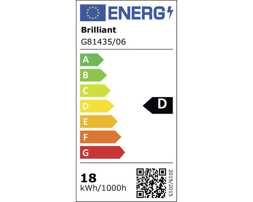 Energetický štítok EÚ pre Brilliant G81435/06, trieda energetickej účinnosti D, spotreba energie 18 kilowatthodín na 1000 hodín.