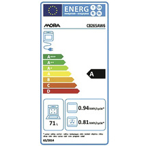 Európsky energetický štítok pre rúru Mora C8265AW6, energetická trieda A, objem 71 litrov, spotreba 0,94 a 0,81 kilowatthodiny na cyklus.