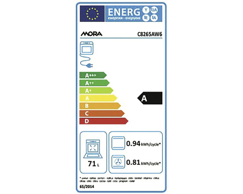 Európsky energetický štítok pre rúru Mora C8265AW6, energetická trieda A, objem 71 litrov, spotreba 0,94 a 0,81 kilowatthodiny na cyklus.