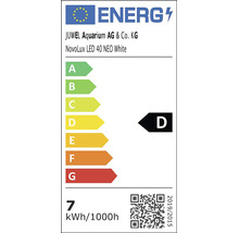 Energetický štítok EÚ pre JUWEL Aquarium NovoLux LED 40 NEO White, energetická trieda D, spotreba 7 kilowatthodín na 1000 hodín.