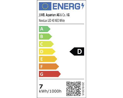 Energetický štítok EÚ pre JUWEL Aquarium NovoLux LED 40 NEO White, energetická trieda D, spotreba 7 kilowatthodín na 1000 hodín.