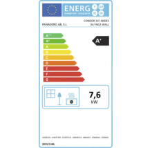 Energetický štítok pre krbové kachle Panadero Condor 3V, Andes 3V a Inca Wall s triedou energetickej účinnosti A plus a výkonom 7,6 kilowattov.