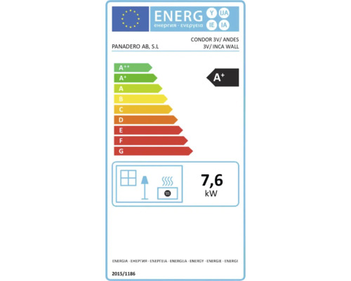 Energetický štítok pre krbové kachle Panadero Condor 3V, Andes 3V a Inca Wall s triedou energetickej účinnosti A plus a výkonom 7,6 kilowattov.