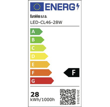 Energeticky stitok triedy F pre LED ziarovku Eurakles LED-CL46-28W so spotrebou 28 kilowatthodin na 1000 hodin