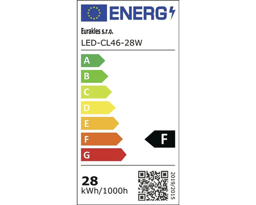 Energeticky stitok triedy F pre LED ziarovku Eurakles LED-CL46-28W so spotrebou 28 kilowatthodin na 1000 hodin