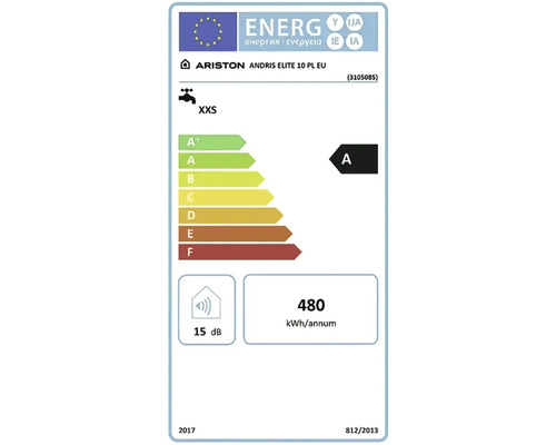 Energetický štítok EÚ pre ohrievač vody Ariston Andris Elite 10 PL EU s triedou energetickej účinnosti A a hlučnosťou 15 decibelov.