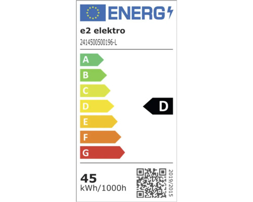 Energetický štítok EÚ triedy D pre produkt e2 elektro 2414500500196-L so spotrebou 45 kilowatthodín na 1000 hodín