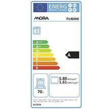 Energetický štítok Mora P140AW s triedou energetickej účinnosti A, objemom 70 litrov a údajmi o spotrebe energie