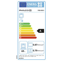 Energetický štítok rúry Philco POB 698 X s triedou energetickej účinnosti A, spotrebou energie 0,87 kilowatthodín na cyklus v štandardnom režime a 0,79 kilowatthodín na cyklus s horúcim vzduchom a objemom 69 litrov.