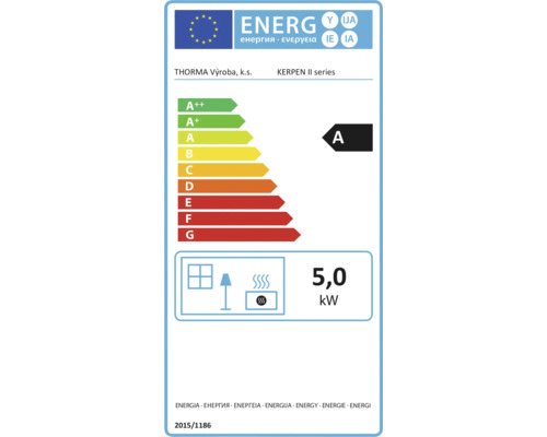 Energetický štítok pre kachle s triedou energetickej účinnosti A a menovitým tepelným výkonom 5,0 kilowatt