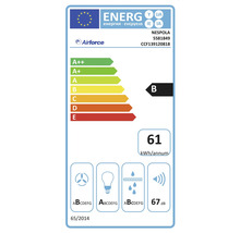 Energetický štítok pre odsávač pár s triedou energetickej účinnosti B, ročnou spotrebou energie 61 kilowatthodín a hlučnosťou 67 decibelov