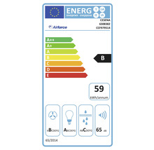 Energetický štítok pre odsávače pár s triedou energetickej účinnosti B, ročnou spotrebou energie 59 kilowatthodín a hlučnosťou 65 decibelov.